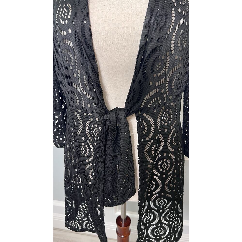 CATALINA (XL) Black Open Lace Swimsuit Beach-Pool-Cover Up-Tie-Knit Kimono-Sheer - Picture 4 of 16